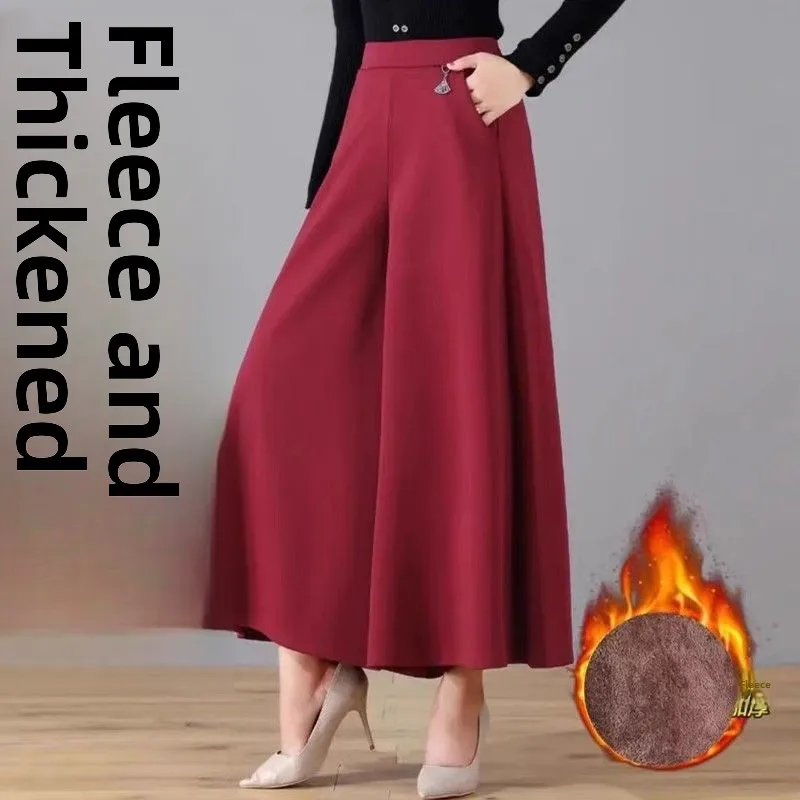 High Waist Fleece Lined Thick Wide Leg Pants plus Size Casual Fashionable Autumn Winter plus Size Mommy Pants Meat Concealing
