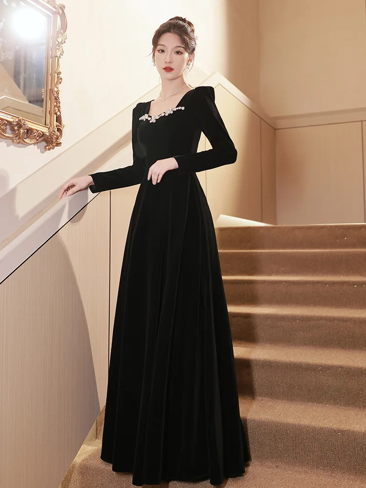 Autumn Winter Black Evening Dress Women Elegant Luxury Velvet Long Sleeve A-line Party Dresses French Beadding Prom Gown