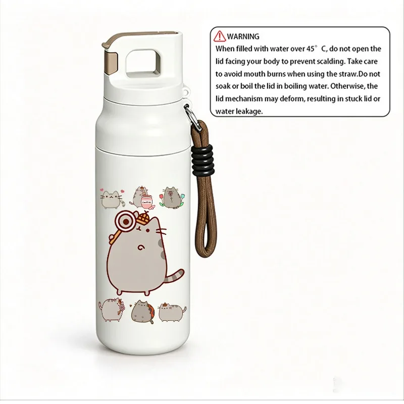 Pusheen Insulated Stainless Steel Water Bottle Premium Thermal Mug with Detachable Nylon Lanyard & Secure Leakproof Closure