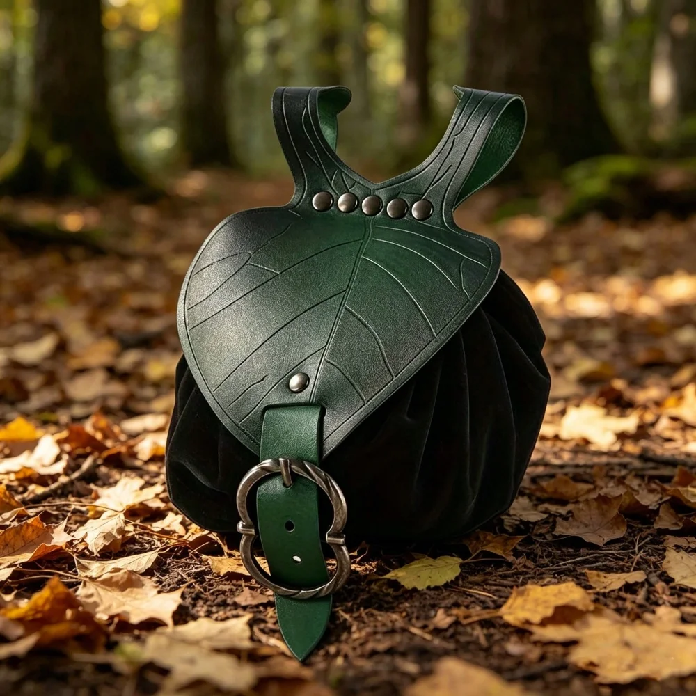 1pc Medieval Waist Bag, Renaissance Festival PU Leather Coin Purse, Elf Leaf Shaped Fanny Pack, Drawstring Pouch, Suitable For T