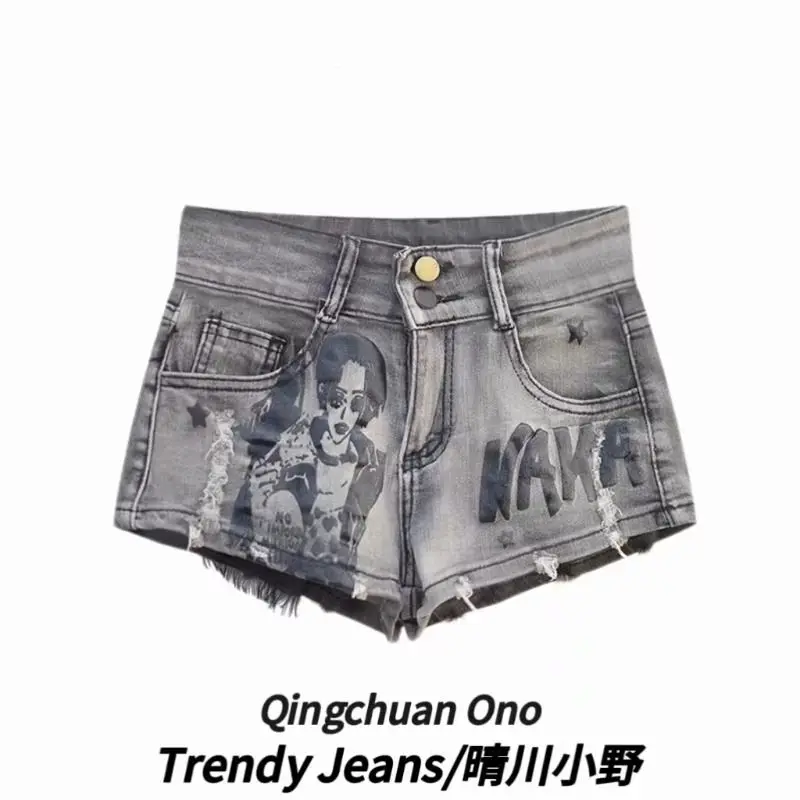 Amerikaanse Pikante Meisje Retro Lage Taille Denim Shorts Dames Nieuwe Afslankende Print High Street Casual Broek