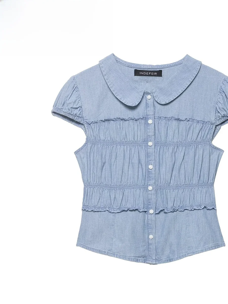 

Новая женская блузка Zark Faion Spring с круглым вырезом, плиссированным дизайном, коротким рукавом, из полиэфирного волокна, приятная для кожи, дышащая.