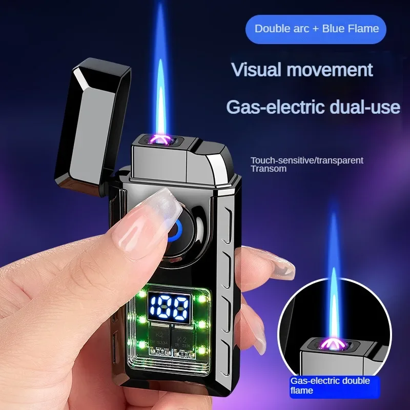 New electronic pulse cigarette lighter, gas and electric, digital display, double arc, windproof, butane gas lighter