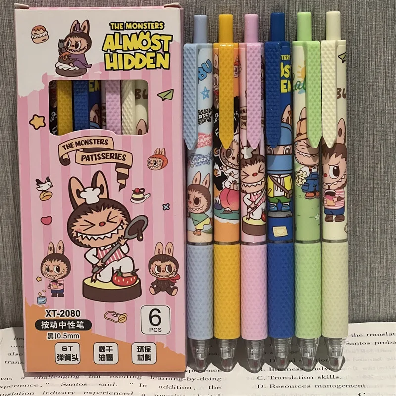 6Pcs/Set Kawaii Labubu The Monsters Gel Pens Set Cute 0. 5mm Black Pen Cartoon School Student Stationery Supplies Gifts