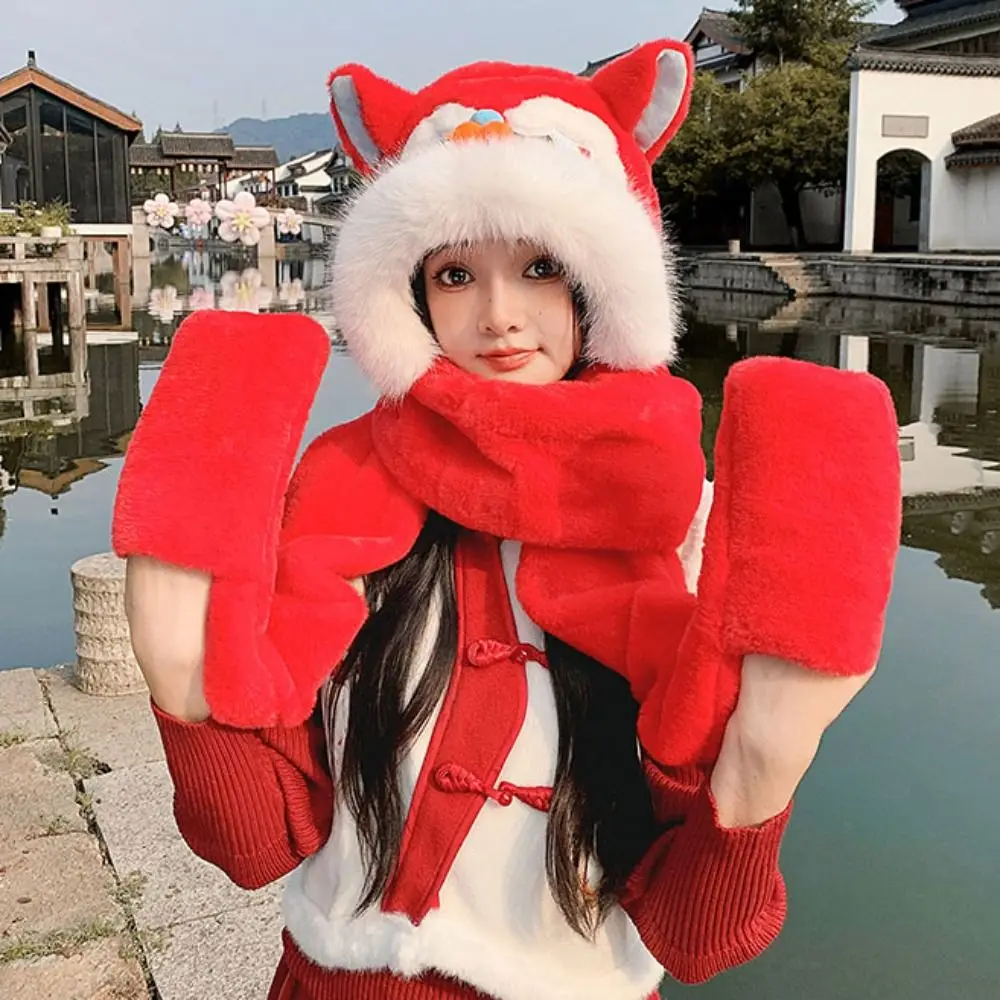 Ear Muffs Lion Dance Beanies Hat Tassels Lace Up New Year Pullover Cap Thickened Chinese style Scarf Gloves Hat Female/Girls