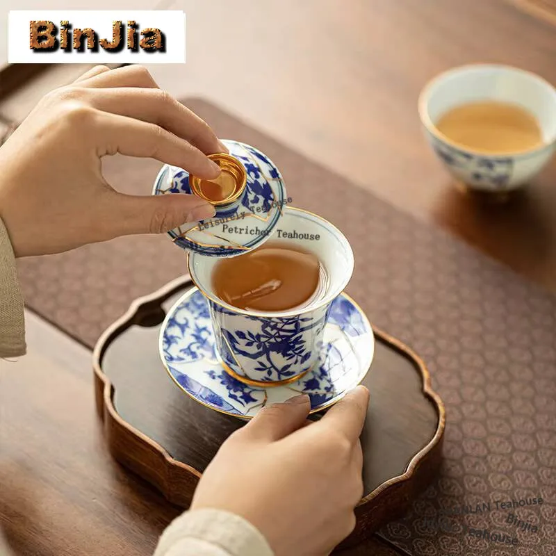 100ml Handmade Gilded Porcelain Gaiwan Aesthetic Blue And White Flower Bird Tea Tureen Tea Brewing Cover Bowl Teaset Ornaments