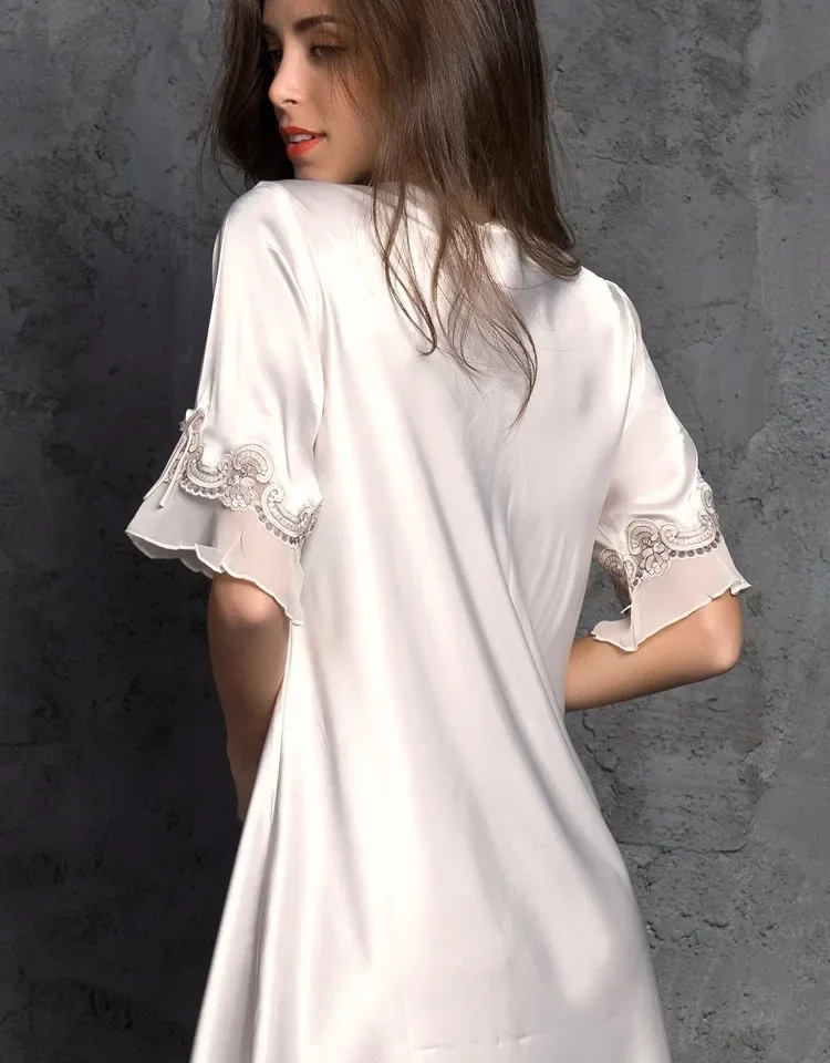 Imitation silk pajamas dress ladies ice silk nightdress mid-sleeve elegant women home wear