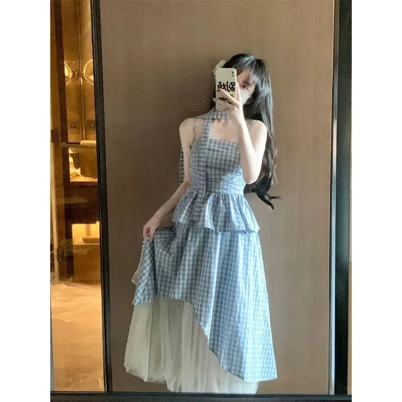 

Women's French Sweet Blue Plaid Sleeveless Shirts Mesh Patchwork Skirts Two Piece Set Lady Summer Slim Tube Top Skirt Outfits