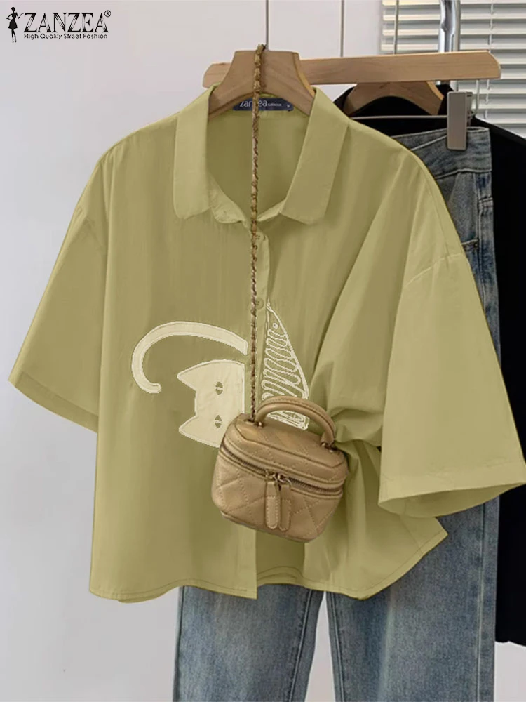 ZANZEA Camisas informales con cuello para mujer, camisa holgada de manga corta con hombros caídos y botones, Tops de gato bordados con estilo, S-3XL