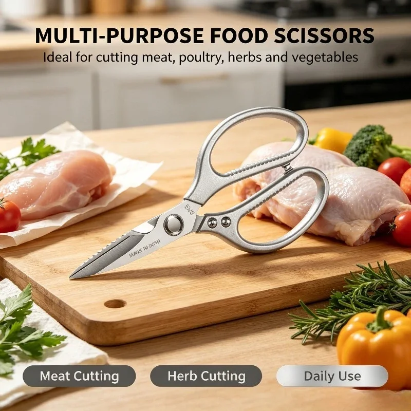 Multi Function Stainless Steel Kitchen Scissors Aluminum Handle Household Shears for Meat Poultry Fish Vegetable Cutting BBQ