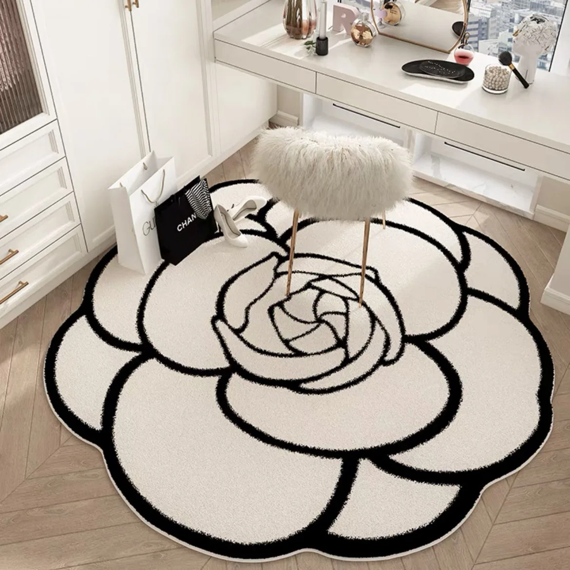 Camellia irregular-shaped carpet, large area full spread luxury cloakroom dressing table floor mat, household bedroom bedside ca