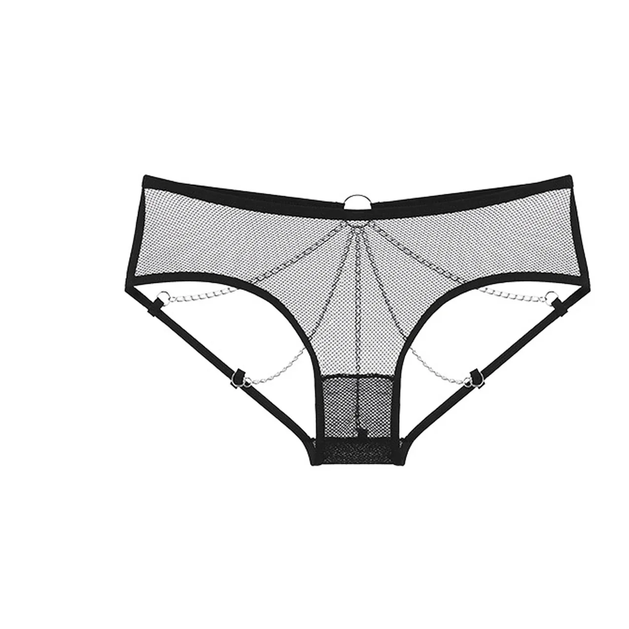 ملابس داخلية نسائية مثيرة مع سلاسل، سراويل داخلية سوداء مفتوحة المنشعب، ثونغ مع ظهر على شكل حرف T، ملابس داخلية مثيرة شفافة، ثونغ مجوف