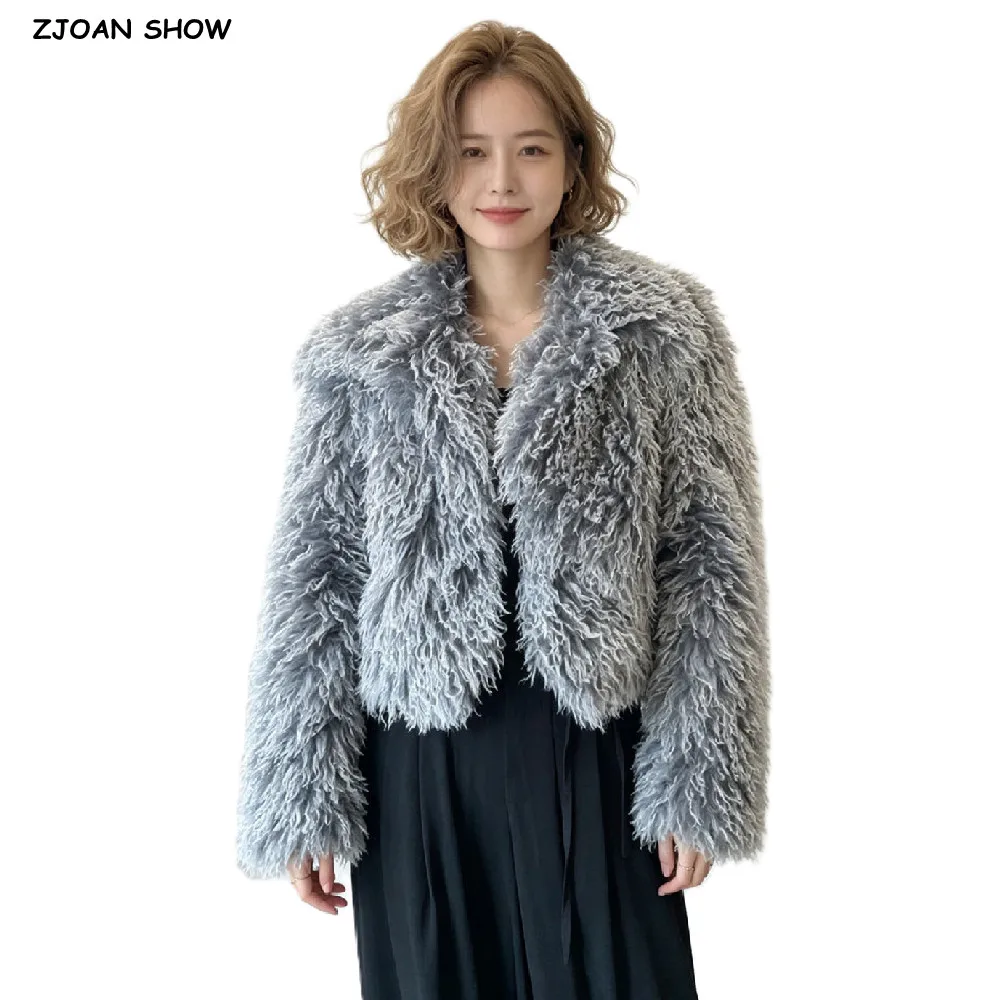Winter Women Blue Gray Gradual Hairy Curly Faux Sheep Fur Coat Lapel Collar Loose Short Warm Shaggy Jacket Vintage Outerwear