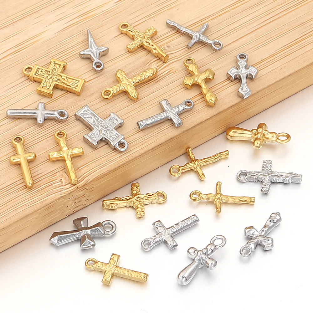 

5pcs Stainless Steel Religious Cross Small Charms for Jewelry Making Supplies Love Crosses Pendant Connector DIY Accessories