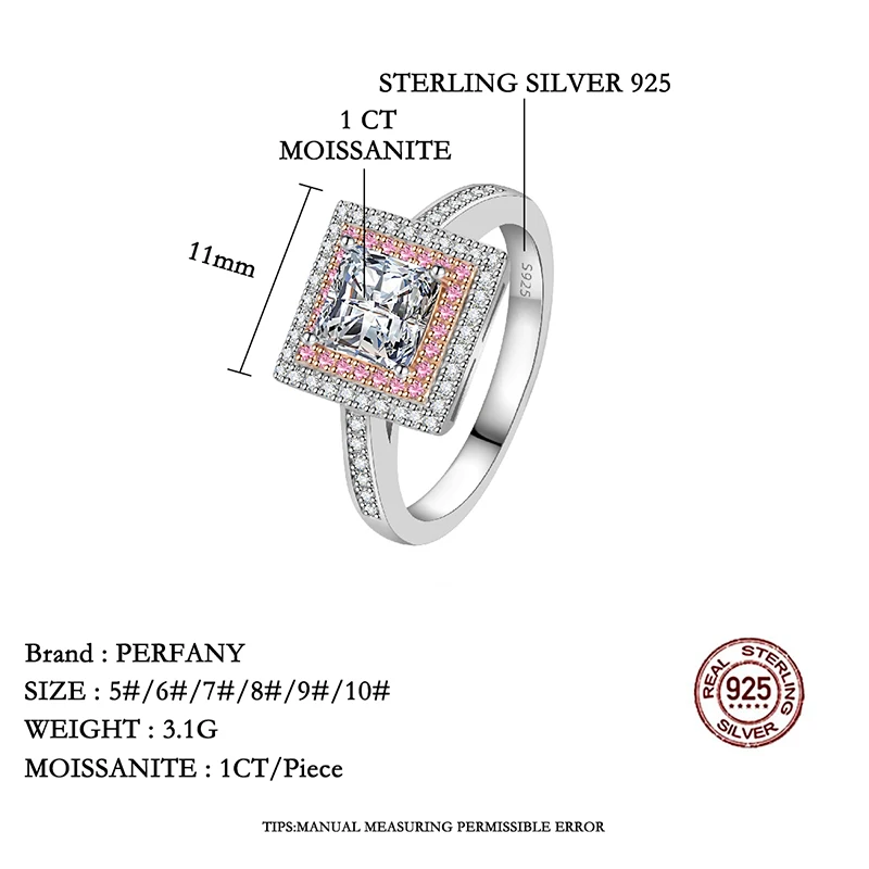PERFANY 5.5mm 1CT Princess Cut Moissanite Diamond Ring  for Women Rose Gold Color Elegance And Sparkle Jewelry Accessory - view 3