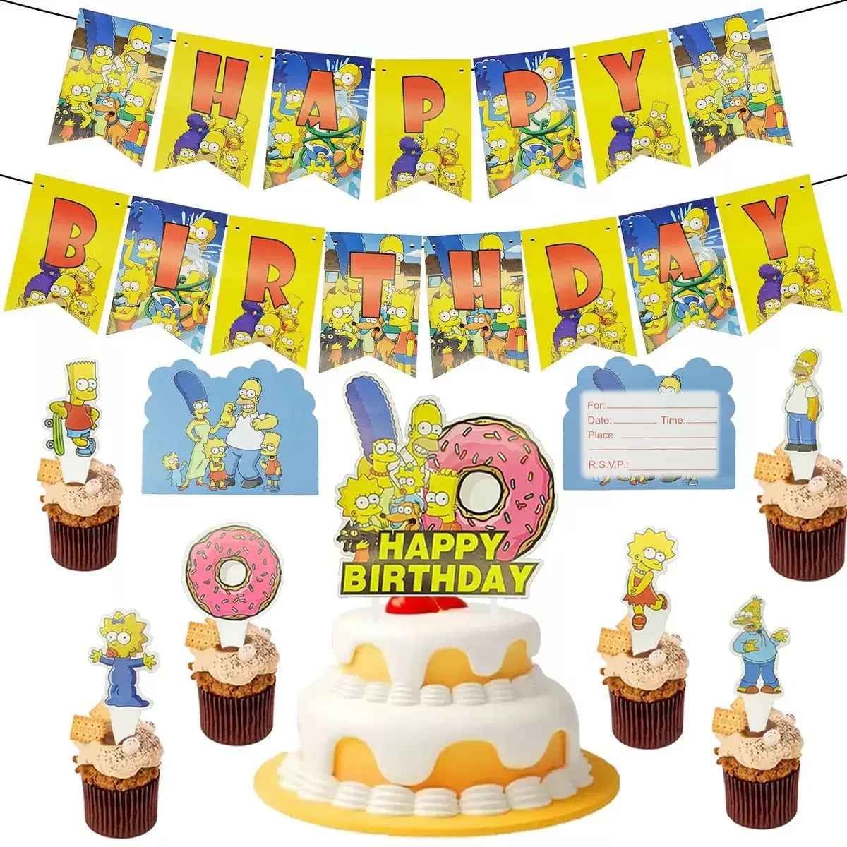 1 Set Simpson-Party-Dekorationsset: Happy Birthday Banner, Kuchenaufsatz, lustige gelbe Familien-Heimfolienballons, Babyparty-Gastgeschenke – Detail 1
