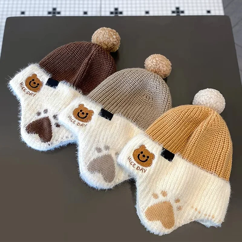 Winter Baby Bear Hat Children Plush Earmuffs Cap Kids Warm Knitted Hat Beanie Pompom Ball Toddler Ear Protection Caps 1-6year