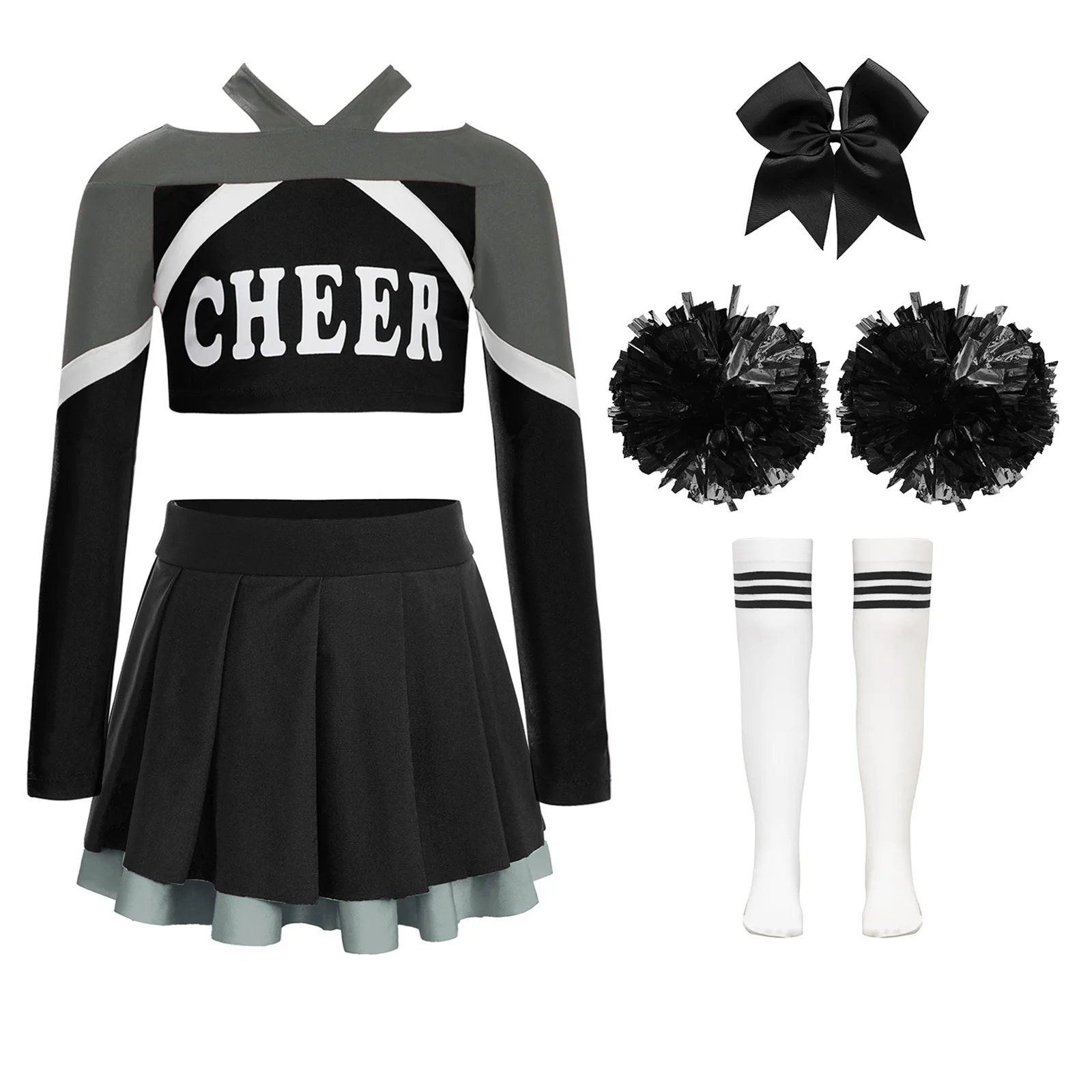 5Pcs/Set Girls Cheerleading Dance Outfit Long Sleeve Letter Print Color Block Crop Top+Pleated Skirt+Headwear+Flower Balls+Socks