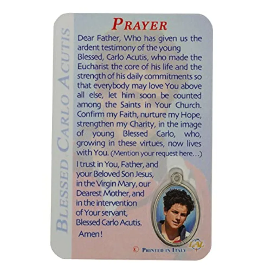 البطاقة المقدسة البلاستيكية المباركة Carlo Acutis Patron Saint of the Internet مع ميدالية مدمجة هدية كاثوليكية رائعة للمناولة الأولى #2