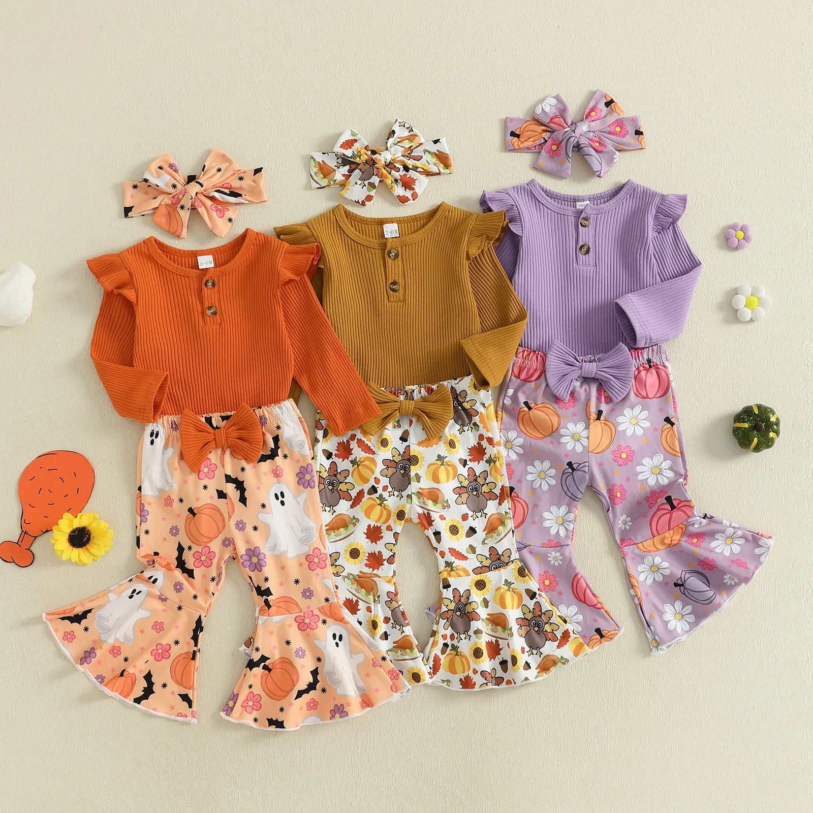 

Baby Girl Clothes Halloween Ribbed 3Pcs Sets 0-18M Infant Flutter Sleeve Bodysuit + Ghost Pumpkin Flared Pants + Headband Outfit