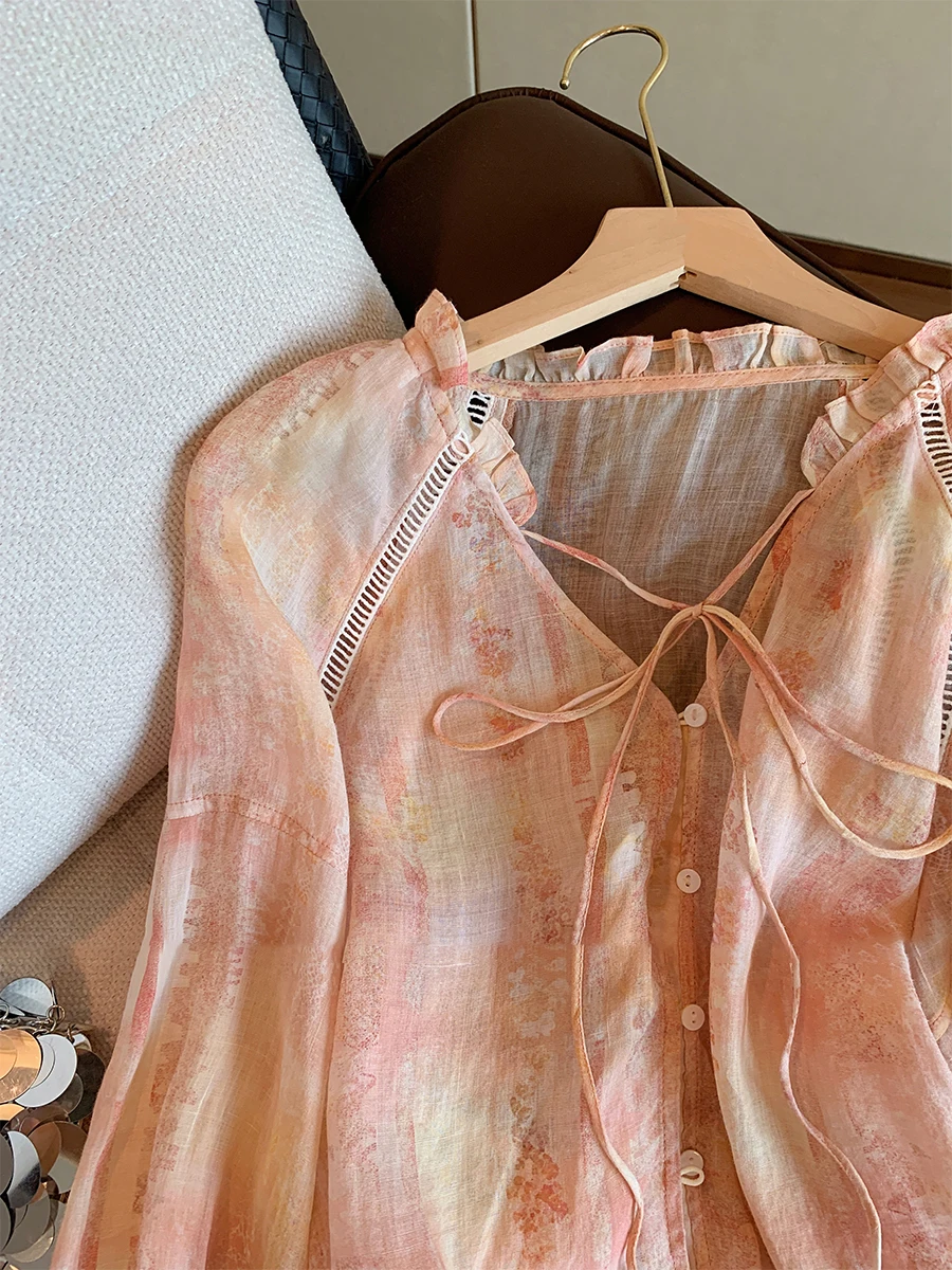 Chic Lace Trim Long Sve irt Women's Casual Sle Thin Material V-Ne Button-Up Loose Fit Autumn Faion Top