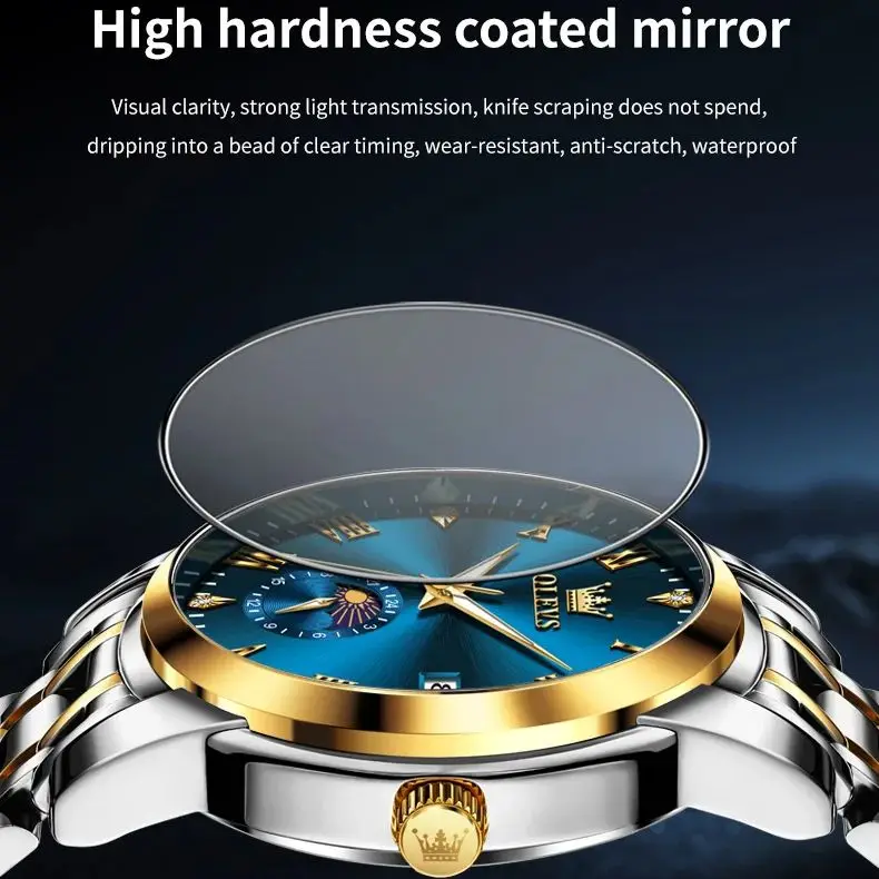 OLEVS 3656 ساعة رجالية فاخرة تاريخ تلقائي الرومانية الهاتفي مقاوم للماء ساعة الفولاذ المقاوم للصدأ مضيئة Moonphase ساعة رياضية للرجال