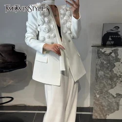 TWOTWINSTYLE Solid Two Piece Set For Women Lapel Long Sleeve Spliced Appliques Coat High Waist Wide Leg Pant Chic Sets Female