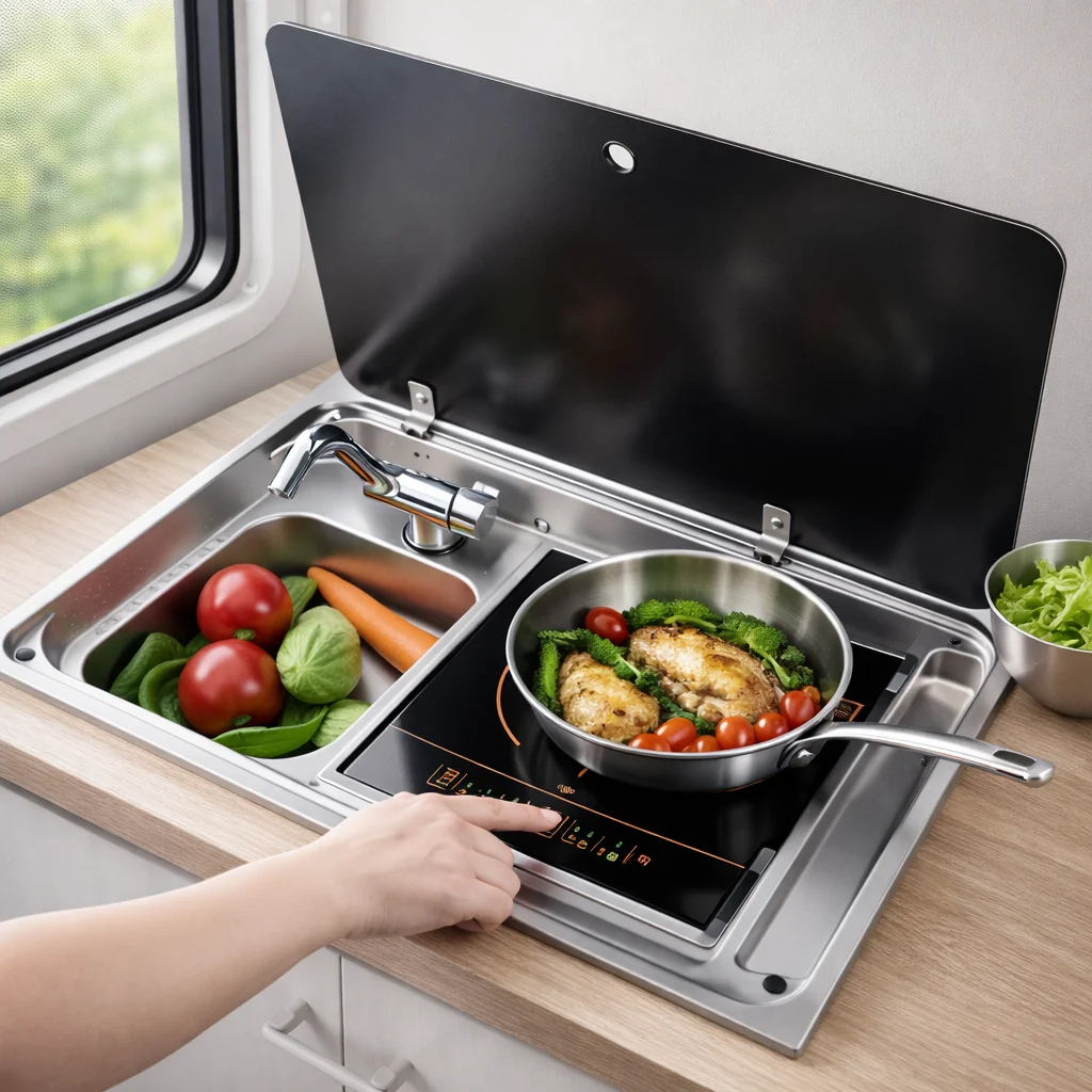 2 in 1 RV Sink with Induction Cooker Stainless Steel Integrated Kitchen Unit for Camper Caravan Motorhome Boat with Glass Lid