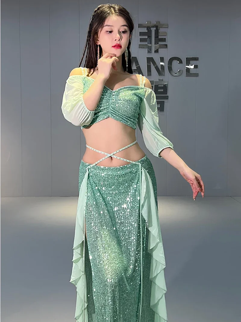 Women Belly Dance Costume Mermaid Mesh Shiny Training Class Top and Skirts Bellydance Suit Fantasia Feminina Party Dancewear