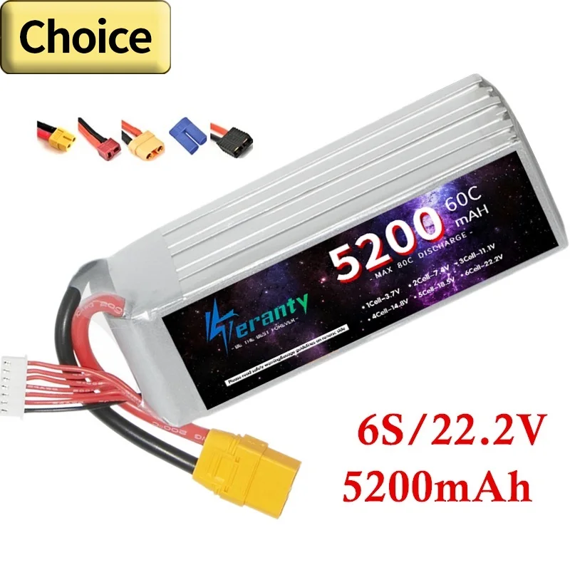 TERANTY 6S Lithium Polymer Battery 22.2V 5200mAh Lipo Battery 60C RC Car Drone Racing Hobby Rechargeable Quadrotor Accessories