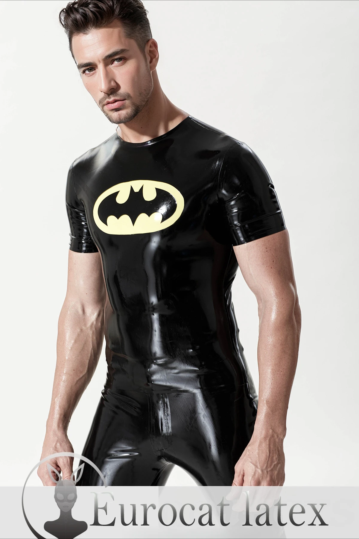 

customized top rubber men's black latex short sleeve top with yellow logo stylish design cosplay clubwear costume