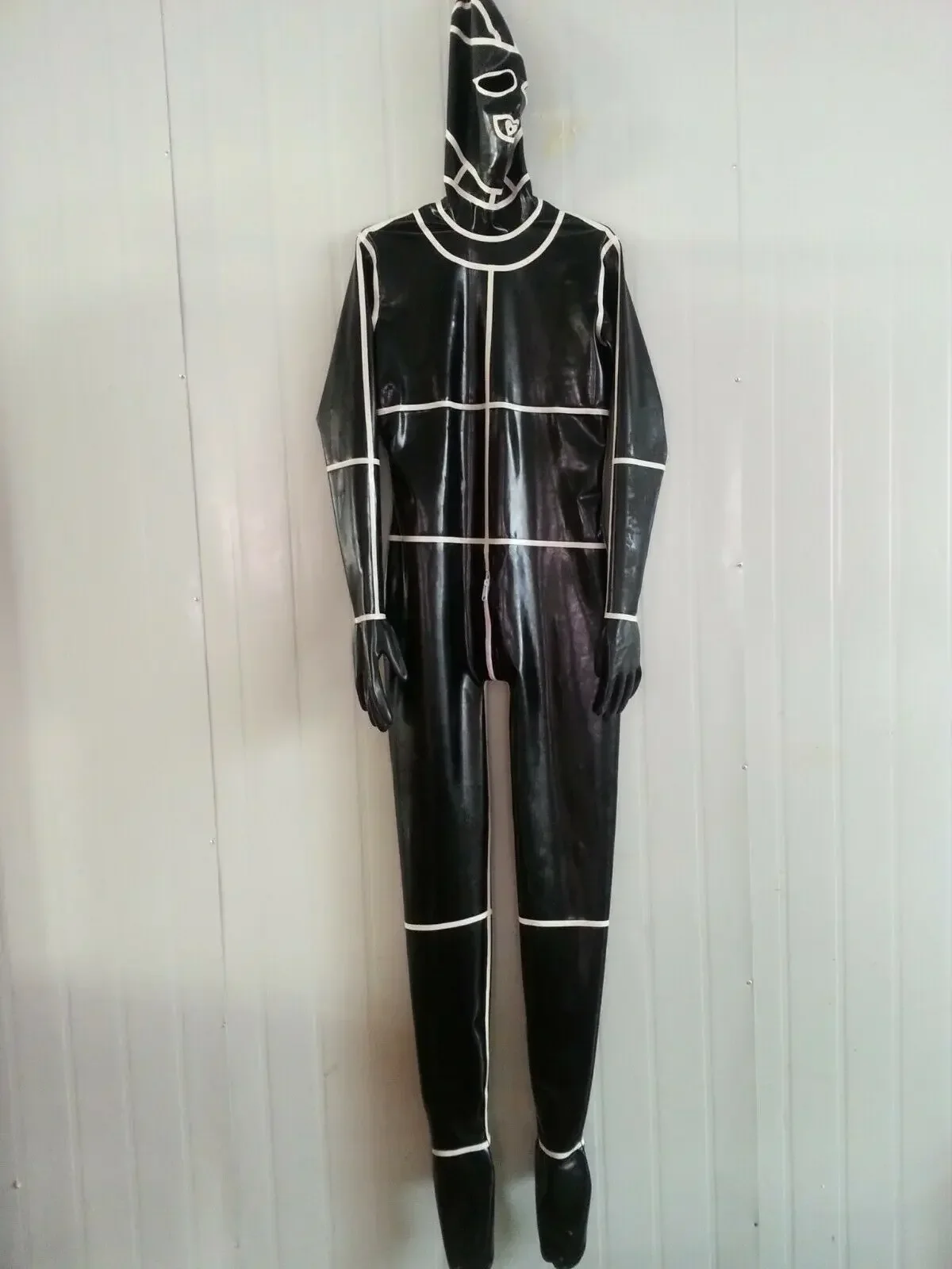

100% Latex Rubber Cosplay Bodysuit Gummi Zentai Catsuit White Stripes Overall with Mask 0.4mm S-XXL