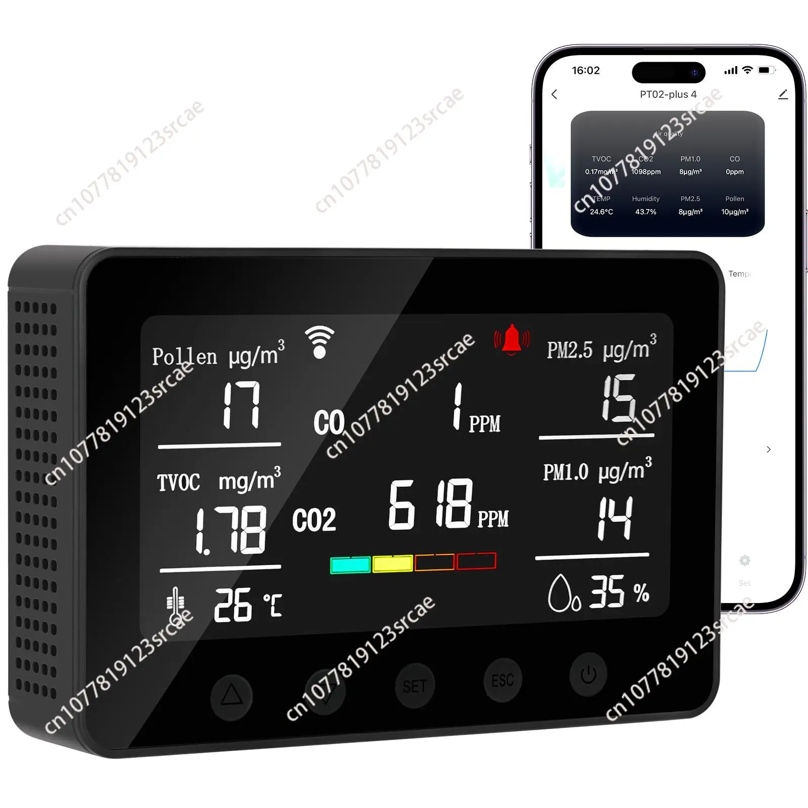 

Умный измеритель качества воздуха с управлением через приложение, датчиком NDIR, датчиком TVOC, детектором пыльцы и PM2.5 для определения загрязнения воздуха в помещении