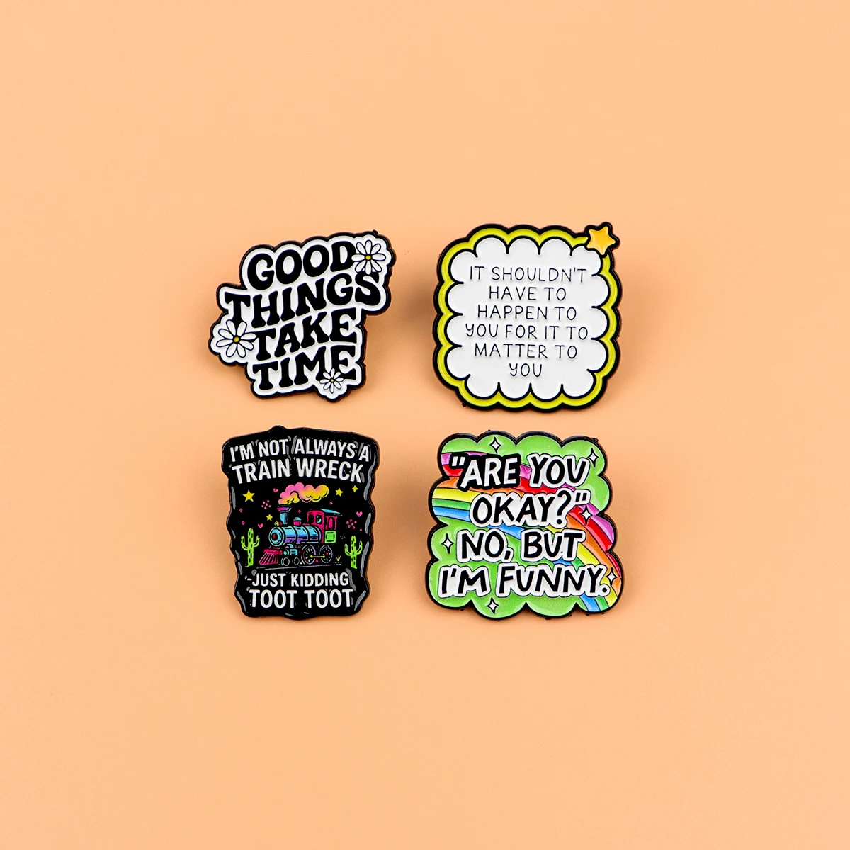 4 Stück Emaille-Pins mit den Sprüchen „Good Things Take Time“ für Reversnadeln, Anstecknadeln auf Rucksäcken, Kleidung, Accessoires, Modeschmuck, Geschenke