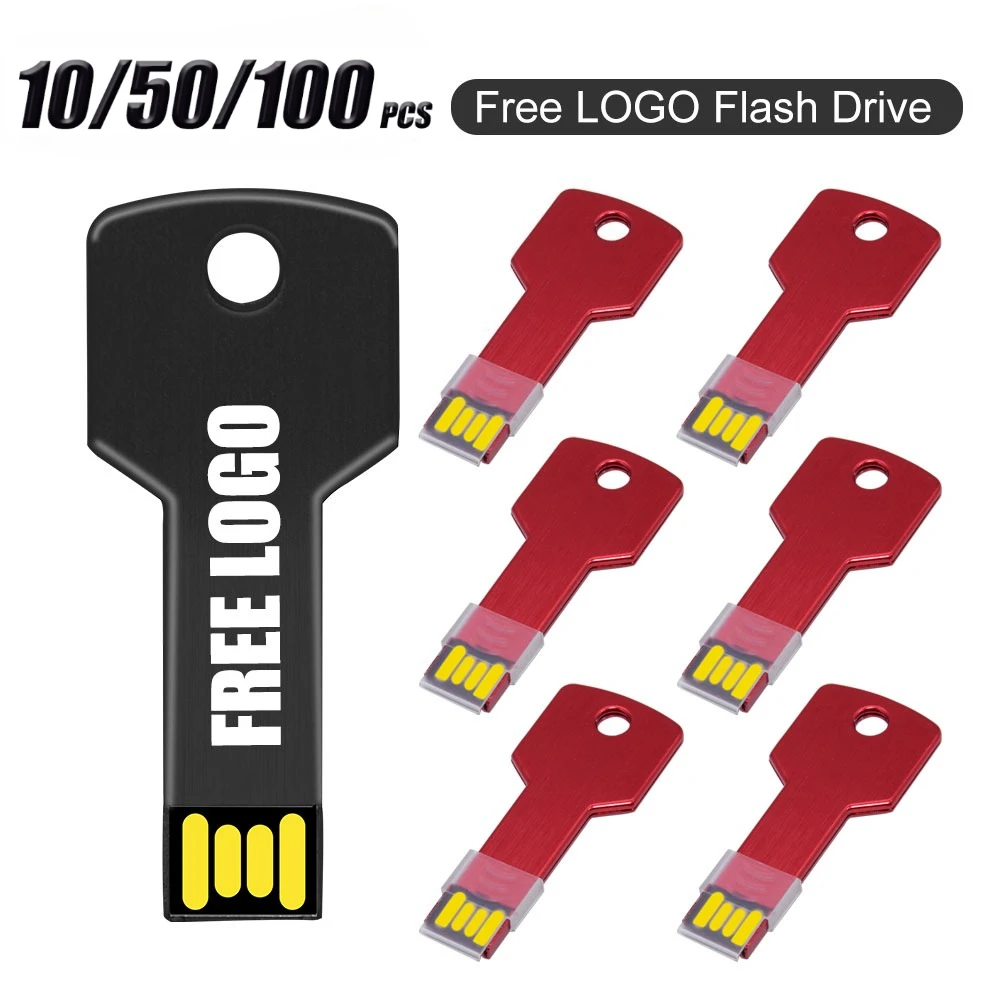 

10/50/100Pcs Personalized Logo USB 2.0 Key Shape Metal Memory U Stick 4GB 8GB Usb Pen Drive 32GB 16GB Flash Drive Business Gift