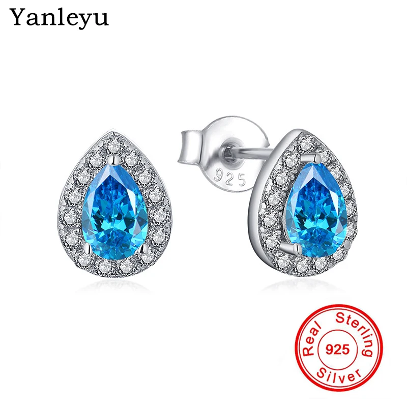 

Yanleyu Waterdrop Blue Cubic Zirconia Stud Earrings for Women Real Solid 925 Sterling Silver Fine Wedding Jewelry Gift