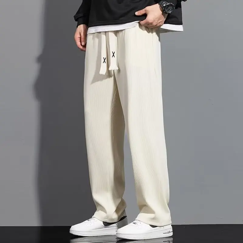 

Summer Thin Ice Silk Men's Casual Wide Leg Straight Pants Drapey Large Size Color Trendy Summer Sports Long Trousers