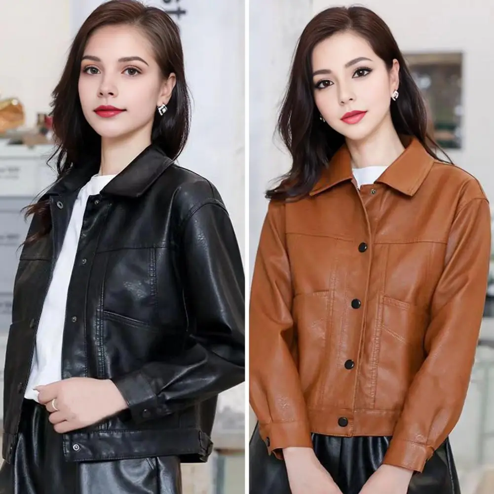 Women Jacket Smooth Surface Single-breasted Office Commuting Travel Outerwear with Pockets Faux Leather Retro Motorcycle Coat