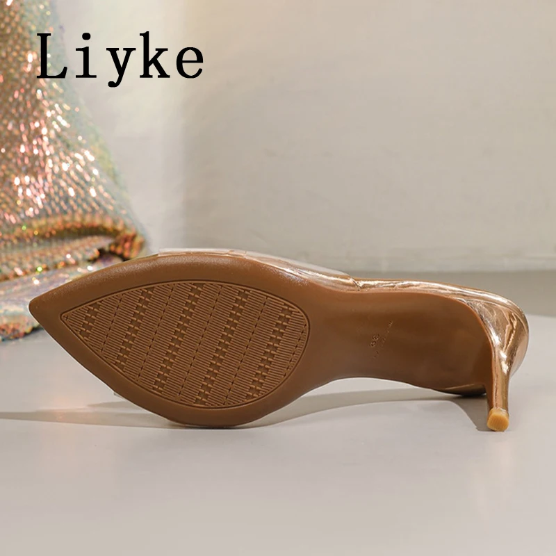 

Liyke Brand Fashion Crystal Diamond Chain Women Slippers Sandals Street Sexy Pointed Open Toe Thin Heels Designer Slides Shoes