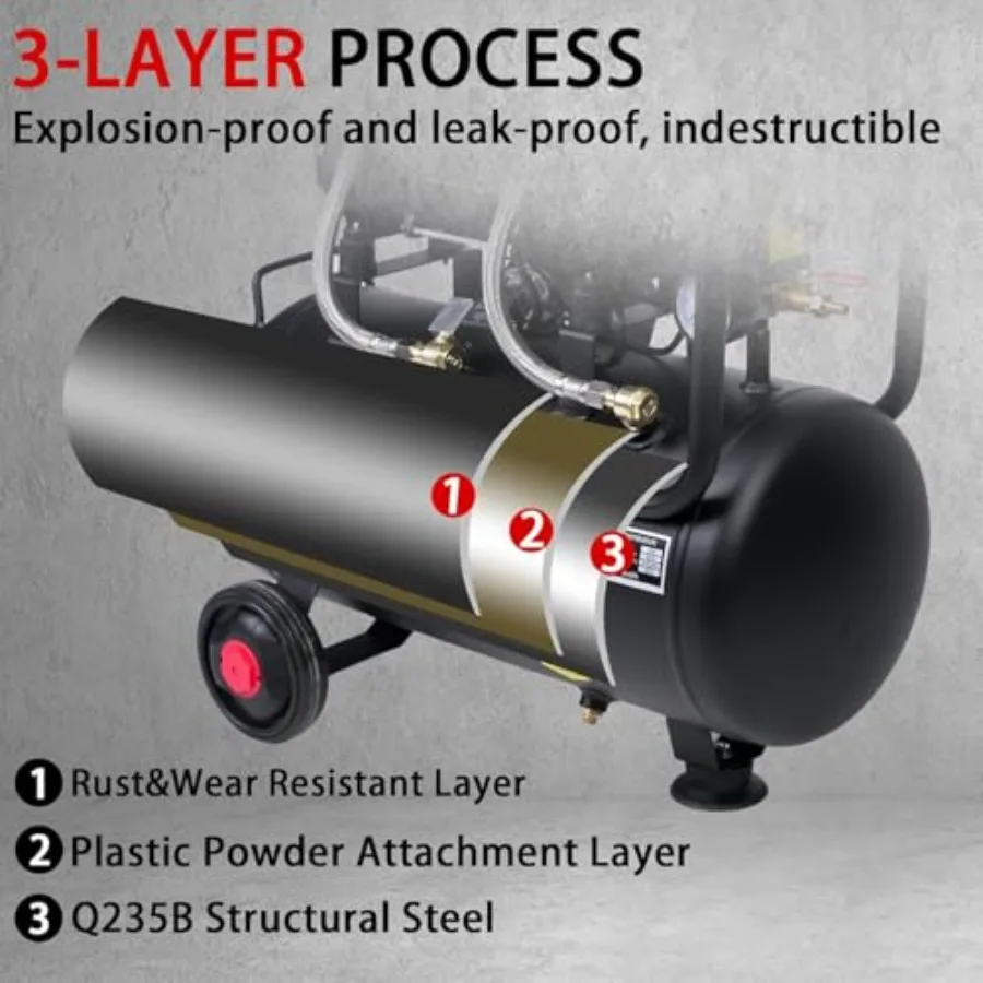 ضاغط هواء فائق الهدوء 6.4 جالون 110 فولت 60 هرتز 1.5 حصان 7.41CFM MAX 115PSI خزانات فولاذية خالية من الزيت 70dB مستوى الضوضاء ضاغط الهواء
