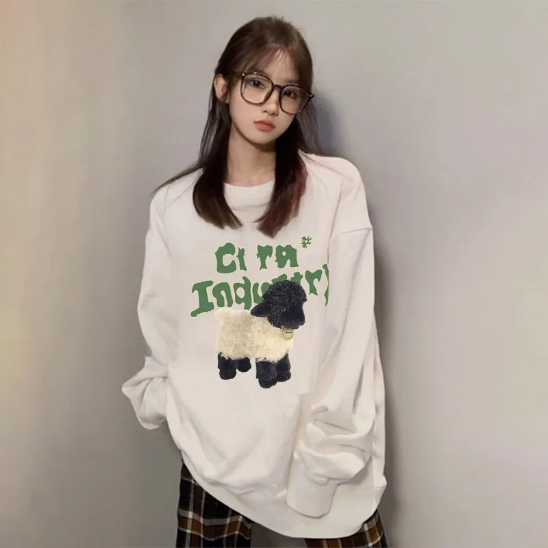 Felpa bianca con stampa di agnello carino Donna Autunno 2025 Nuovo 100% cotone Oversize O-Collo Felpa con cappuccio Pullover Y2K Top vestiti kawaii