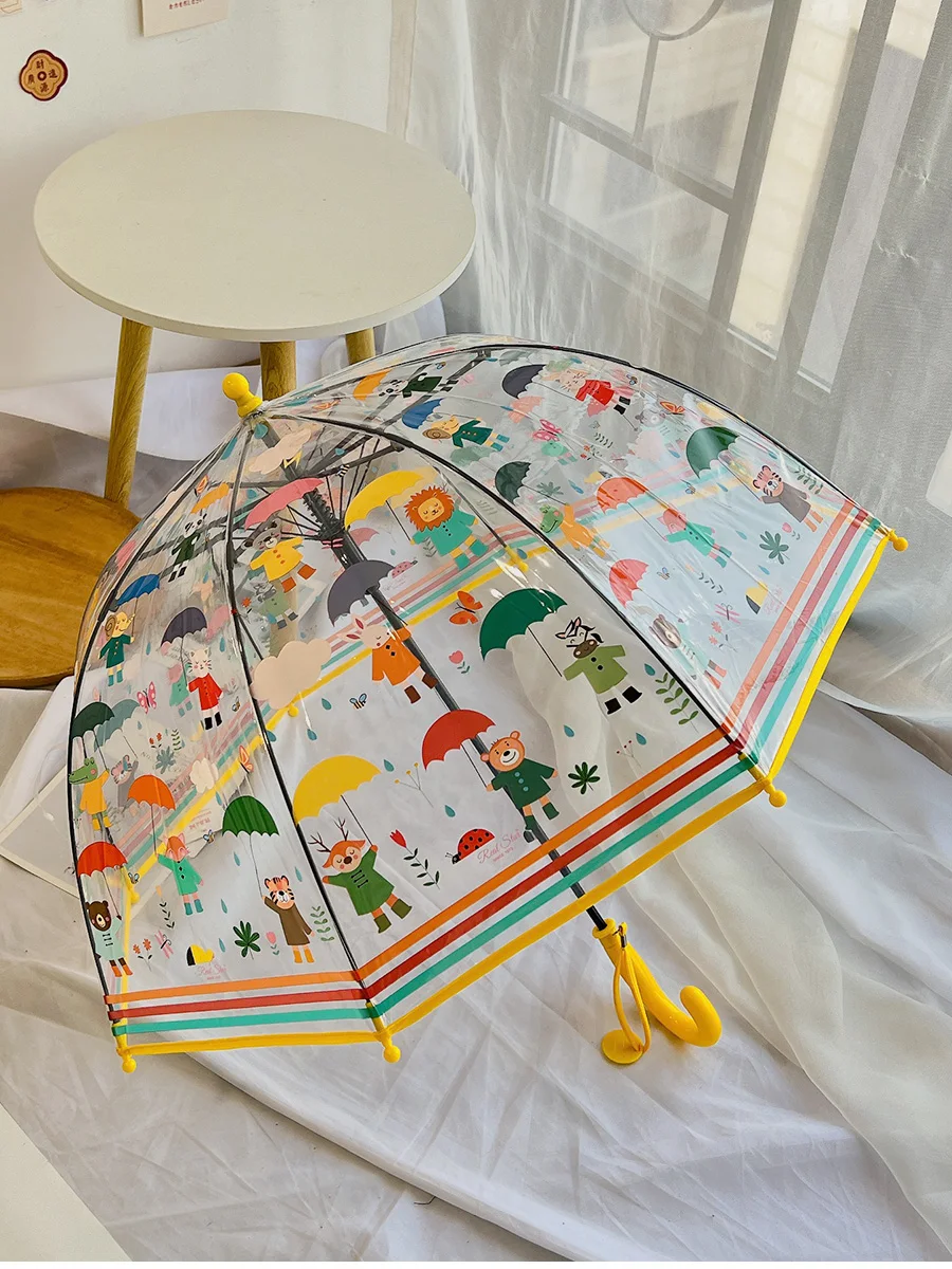 

Детский зонт с длинной ручкой, прозрачный лесной мультяшный милый прямой зонт для бара для мальчиков и девочек, детский сад, студенты
