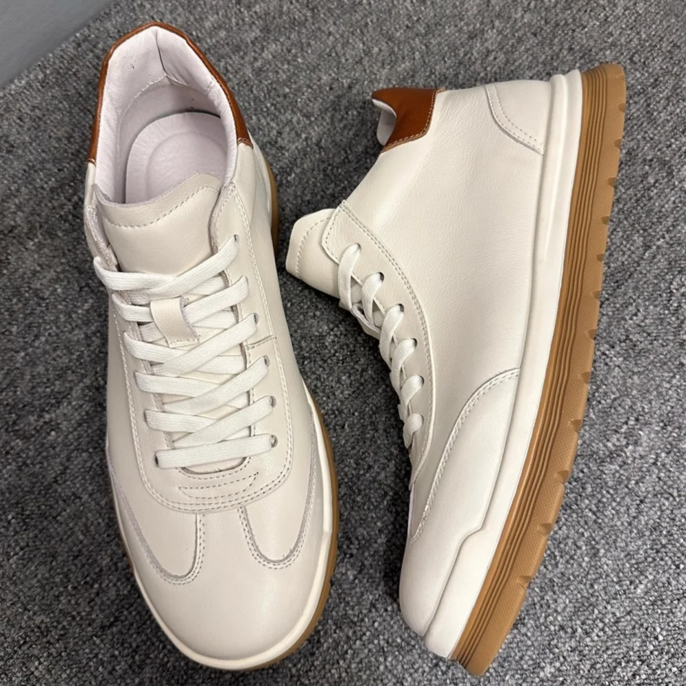 QHCCID Men's Casual Shoes Genuine Leather Breathable round Toe Lace-Up Thick Bottom Cowhide Sports Shoes