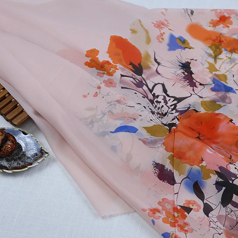 50D Thin Chiffon Fabric Translucent Chinese Ink Style for Sewing Clothes by Meters