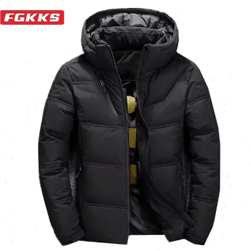 FGKKS 2024 Quality Brand Men Down Jacket Slim Thick Warm Solid Color Hooded Coats Fashion Casual Down Jackets Male