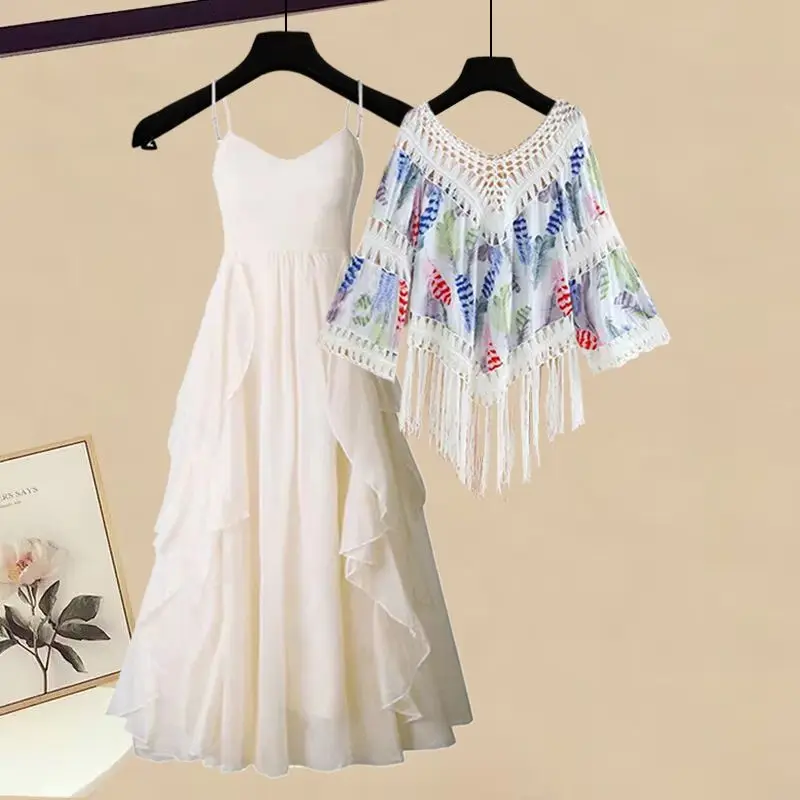 2025 Summer Bohemian Tassel Print Shawl Sling Chiffon Dress Two Piece Set Women Loose V-Neck Tops Camisole Dresses Outfits