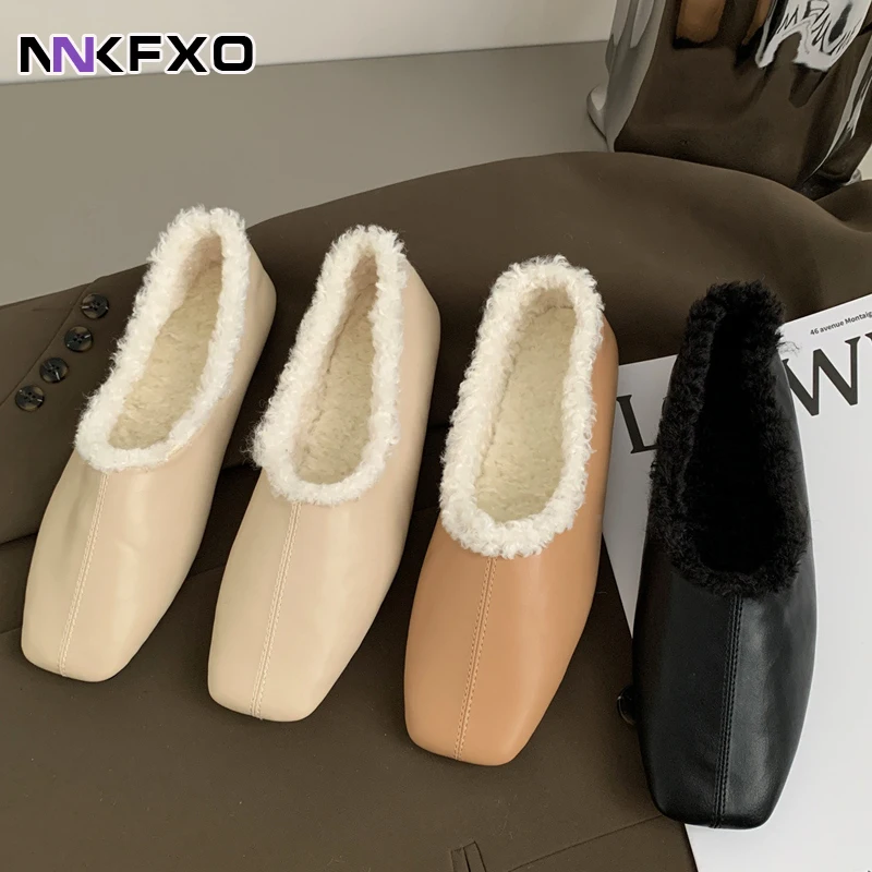 

New Leather Women Shoes Keep Warm Moccasins Shoes Woman Slip On Female Flats Fur Loafers Plush Winter Boat Shoe Size 35-39