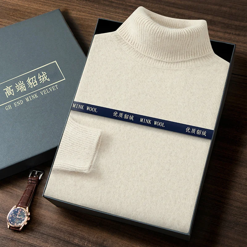 

Men's 100% Mink Cashmere Thick Knit Sweater, Turn-Down Collar Warm Pullover, Winter Casual Long Sleeve Turtleneck Men's Clothing