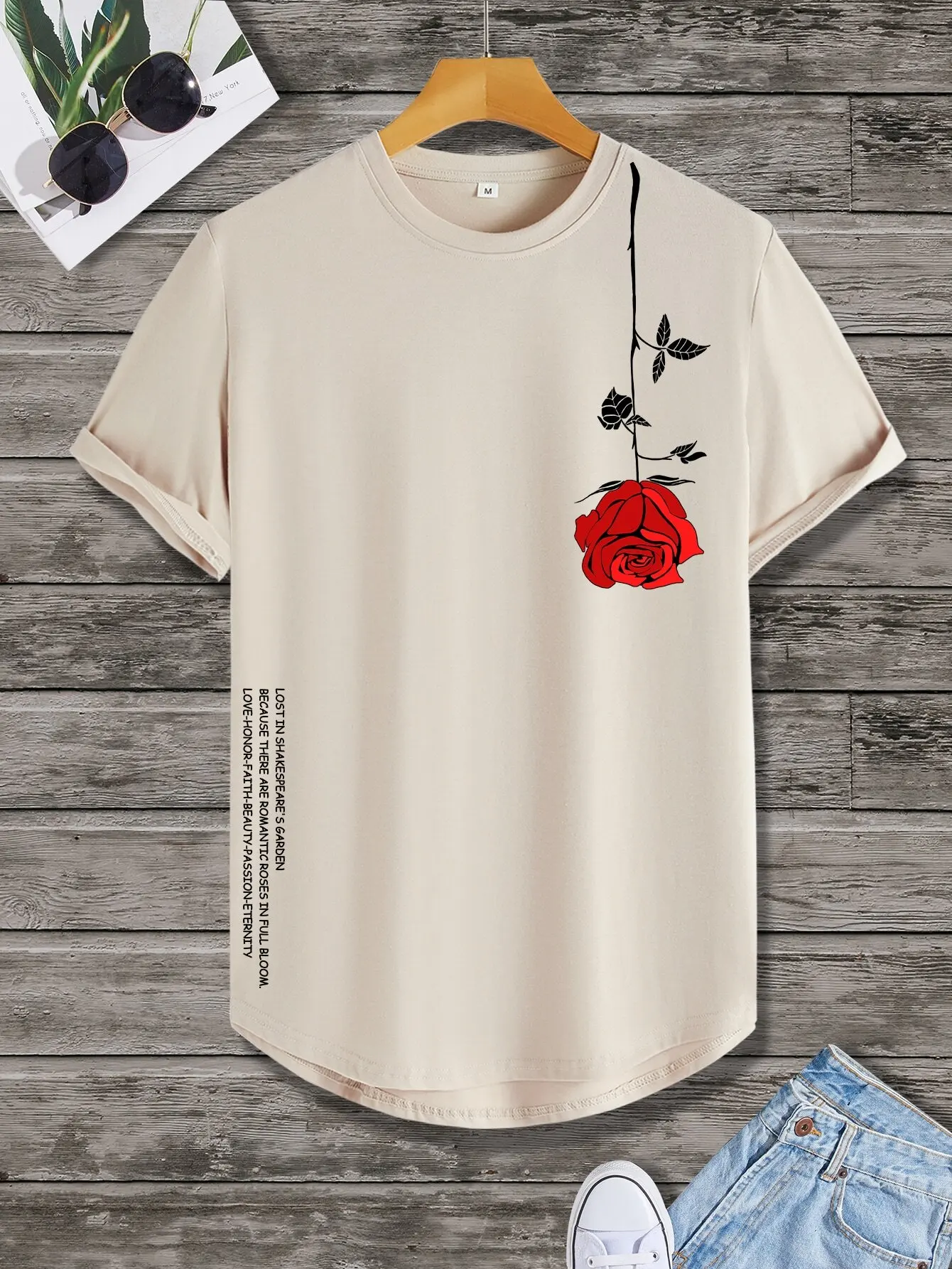

Men's Crew Neck Short Sleeve T-Shirt with Red Rose Graphic Print