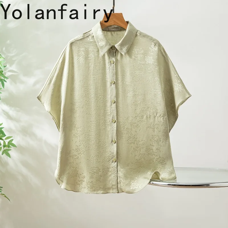 YOLANFAIRY 100% Real Mulberry Silk T Shirts for Woman Summer 2026 Loose Casual Bat Sleeves Women Tops Casual Tee Shirt Femme